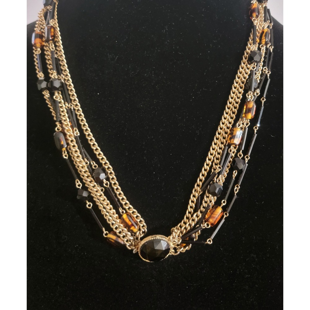 Vintage Multi Strand Gold Tone Beaded Statement Necklace Black Tortoise Shell